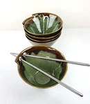 Set Of 5 Studio Pottery Ramen Rice Noodle Bowl W/chopstick Rests Glazed Signed. Fixed Price $32.95.