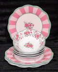 8PC 4 Nicole Miller Rose Floral Stripes Melamine Dinner Plates Bowls Pink Green. Fixed Price $59.67.