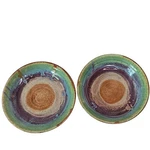 Pottery Set Of Two Glazed Salad Soup Green Blue Purple Tan Brown 9". Fixed Price $38.99.