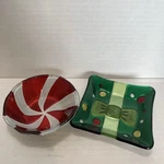 Glass Fusion By Demdaco Christmas Square Dish With Peppermint Bowl. Fixed Price $34.99.