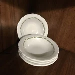 4 Shenango Pottery Rim Rol Restaurantware Bowls 6.75 White Green Wavy Pattern. Fixed Price $24.00.