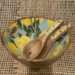 Wooden Mango Salad Bowl W/serving Utensils Lemons Pattern Decorative. Fixed Price $25.00.