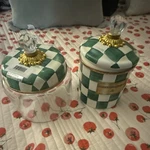 Mackenzie-childs Green & White Check Glass Kitchen Canisters W/ Lids Set 32 Oz. Fixed Price $150.00.