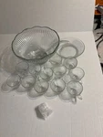 Vintage Gibson Royal Crest Ribbed Glass Punch Bowl Set With Lid, Ladle, And 12. Fixed Price $27.00.