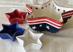 4PC Ceramic Bowl Set Glossy Red White Blue Stars Flags Theme. Fixed Price $16.00.