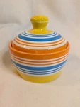 Studio Art Signed Pottery Bowl Jar W/ Lid Hand Painted Contour Colorful Stripes. Fixed Price $23.95.