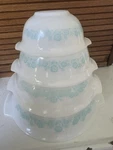 Vintage Glasbake Maid Of Honor Cinderella Mixing Bowl Set 4 Made Usa. Fixed Price $140.00.