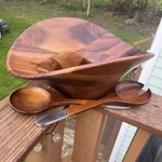 Nambe Yaro Acacia Wood Ripple Salad Bowl With Servers. Fixed Price $75.00.