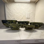 Set Of 5 Green And Blue Ceramic Mixing Bowls, 11 All-over Pattern. Fixed Price $105.00.