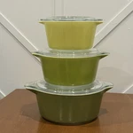 Vintage Pyrex Verde 3PC Green Casserole Set W/ Clear Glass Lids #470,474,475. Fixed Price $49.99.