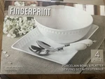 Overandback Fingerprint 4-PIECE White Porcelain Bowl, Platter, Utensils Set. Fixed Price $30.00.