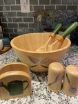 Vintage Clay Art Wood Salad Bowl & Utensils, Napkin Holder, Salt Pepper Garden. Fixed Price $62.00.