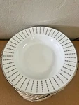4 Fisher Home FSP1 Rimmed Soup Bowls White W/ Platinum Stripe & Dot. Fixed Price $15.99.