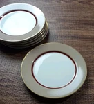 Mikasa Salad Plates 7.5" Grandeur Taupe Burgundy Red Band Gold Trim Set 6. Fixed Price $35.00.