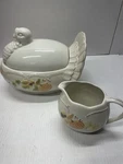 Pfaltzgraff Plymouth Turkey Shaped Stoneware Covered Serving Dish Gravy Pitcher. Fixed Price $50.00.