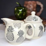 Vtg Signature Housewares Black Pineapples & White Lidded Sugar Bowl Dish Set / 2. Fixed Price $30.00.