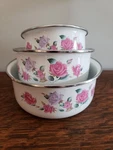 Set 3 Vtg Floral Pink Rose Enamelware Nesting Mixing Bowls Cottagecore Kitchen. Fixed Price $29.99.