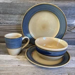 4 Gibson Retreat Blue Plates, Bowl Cup Set Emboss Rings Table Dining Dishes. Fixed Price $35.00.
