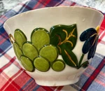 Hand Painted, Forged Ceramic Bowl With Colorful Fruit & Flowers Motif 1958. Fixed Price $19.99.