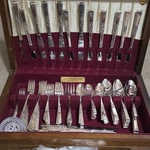 Holmes & Edwards Silverplate Flatware Set With Genuine American Walnut Box. Fixed Price $165.00.