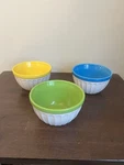 Set (3) Starbucks Ice Cream Bowl Ribbed 12 Oz 2007 Green, Yellow,blue Trim. Fixed Price $29.99.