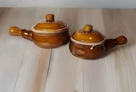 Vintage Lot 2 Glazed Stoneware French Onion Soup Crock Bowls Handles & Lids Nos. Fixed Price $33.20.