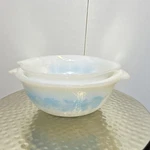 Glasbake Blue Floral Glass Mixing Bowl Set Of Nesting Round J-2355. Fixed Price $45.00.