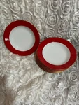 Set Ten Strawberry Street Halo Red Soup Pasta Bowls White Gold Trim 9-1/8". Fixed Price $32.30.