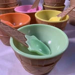 Set Of 4 Summer Picnic Fun Birthdays Colorful Ice Cream Dishes W/ Spoons. Fixed Price $24.00.