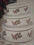 Vintage Mid Century Holly Berry Kitchen Enamelware Bowl Set Lids. Fixed Price $20.00.