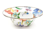 Mackenzie Childs White Flower Market Enameled Serving Bowl Gold Rim. Fixed Price $75.00.
