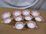 Wedgewood Red Damask Partial Set 4 Saucers / Rare 6 Footed Cream Soup Bowls. Fixed Price $247.50.