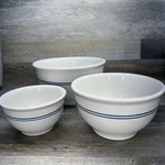 Gibson Ceramic Mixing Bowl Set Of 3 Nesting White With Blue Stripes. Fixed Price $40.00.