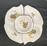 Vtg 70S Orig California Pottery 1033-2 Floral Dip/ Chip/ Veg Tray W/lazy Susan. Fixed Price $30.00.