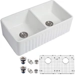 33" Kitchen Sink Apron Fireclay Farm Double Bowl W/ Strainers & Grids White. Fixed Price $279.00.