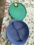 Tupperware Vented Divided Blue Bowl With Green Lid Microwave 3284C-2. Fixed Price $11.99.