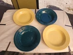 Set Of 4 Homer Laughlin Fiesta Wide Rim 9" 13 Ounce Soup Bowl Yellow, Green. Fixed Price $26.95.