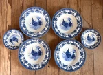 4 William James Farm Yard Blue Rooster Soup/salad Bowls + Saucers - 8.5". Fixed Price $41.25.