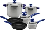 10-PIECE Stainless Steel Cookware Set, Induction Compatible, Blue. Fixed Price $370.99.