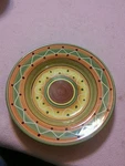 Pier 1 Etrusco Reds Oranges Greens Bands Swirls Dots Shallow Serving Bowl. Fixed Price $14.99.