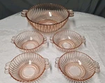 Pink Queen Mary Depression Glass 5 Piece Serving Berry Bowls W/ Handles. Fixed Price $40.00.