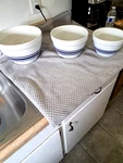 Crate & Barrel Heavy Nesting Mixing Bowl Set White Blue Stripes 1-2 3 Quart. Fixed Price $55.00.