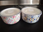 Set Of 2 Signature Colorful Housewares Stoneware 5" Microwavable Bowls With Lids. Fixed Price $19.00.