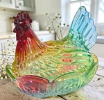 Large Multicolor Glass Chicken Hen On Nest Covered Bowl Candy Dish 8.5" X 7". Fixed Price $72.00.