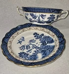 Booths Real Willow Cream Soup Bowl Saucer Porcelain Gold Rim 2PC Set. Fixed Price $49.99.
