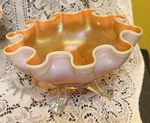 Vintage Dugan 3 Footed Peach Opal Carnival Glass Cherries Scalloped Bowl 7" Ex. Fixed Price $22.19.