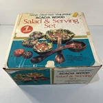 Vtg 7 Pc Acacia Wood Phillipines Set 1 Salad 4 Bowls 2 Utensils Box. Fixed Price $29.88.