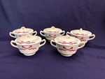 Set Of 5 Vintage Bouillon Cup Bowl With Lids Red Blue Laurel Leaves Sprays. Fixed Price $29.99.
