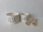 Rae Dunn Artisan Guac & Salsa Bowls + 2 Wooden Spoons Set Nwot. Fixed Price $20.00.