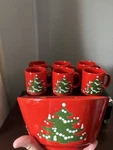 Vintage Waechtersbach Red Christmas Tree Set - 6 Mugs And 1 Large Serving Bowl. Fixed Price $112.50.
